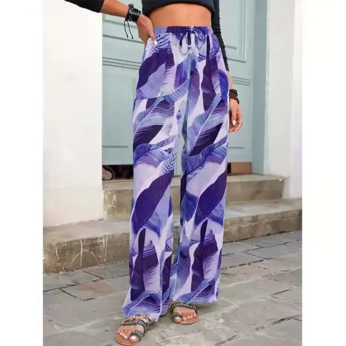 Fashion Drawstring Leaf Print Beach Pants Summer Casual Loose Wide Leg Straight Trousers Womens Clothing - Image 3