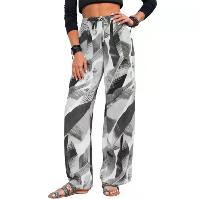 Fashion Drawstring Leaf Print Beach Pants Summer Casual Loose Wide Leg Straight Trousers Womens Clothing - Image 1