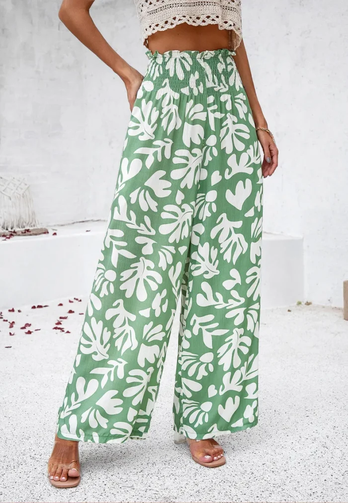 Elegant Printed Trousers Summer Loose Elastic High Waist Straight Pants For Beach Vacation Womens Clothing - Image 1